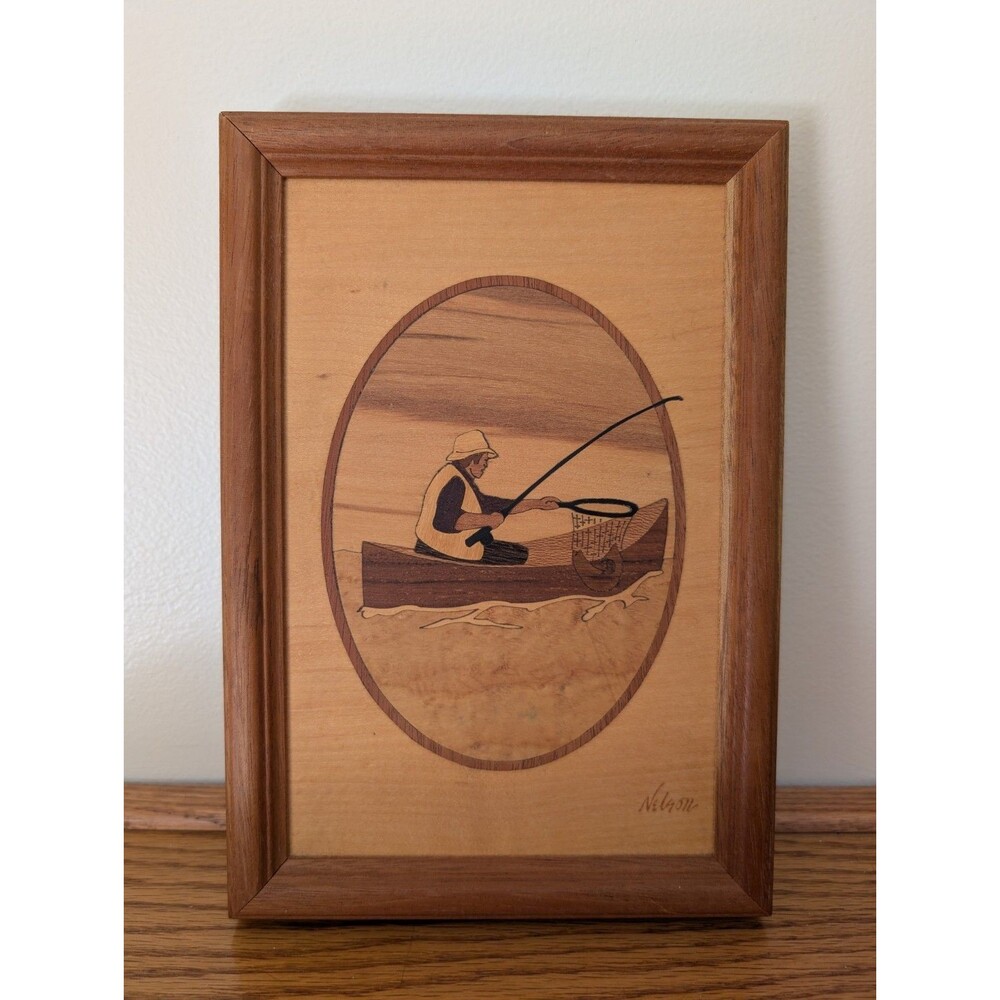 Vintage Marquetry Wood Inlay Man Fishing Boat 6.75 X 9.75 Framed & Signed NELSON